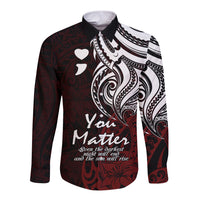 Red long-sleeve button shirt with white tribal swirl print, heart icons, and spread collar.