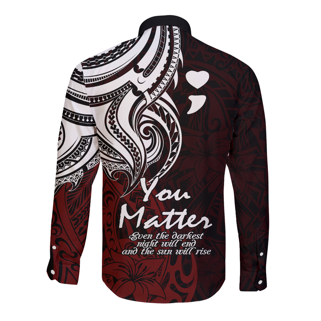 Red long-sleeve button shirt with white tribal graphic, heart icons, and chest typography.