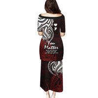 Red and black long dress with back view tribal print and 'You Matter' center text