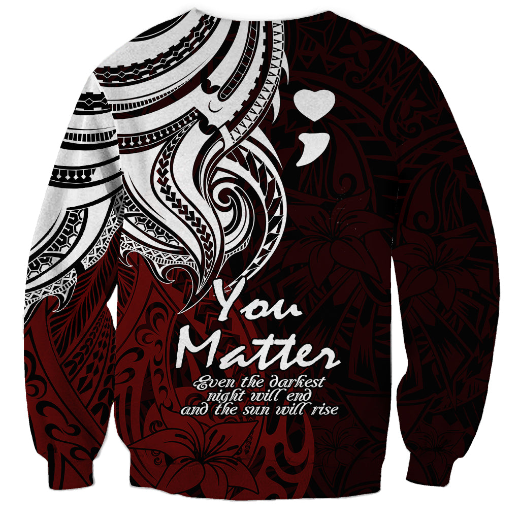Unisex pullover sweatshirt with dark red floral pattern, white tribal artwork, crew neck