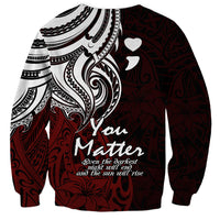 Unisex pullover sweatshirt with dark red floral pattern, white tribal artwork, crew neck