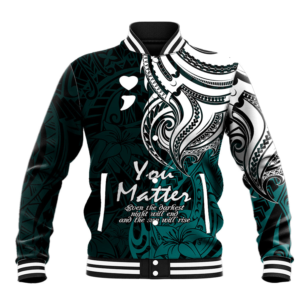 Unisex turquoise baseball jacket with black-and-white tribal print, striped ribbed collar