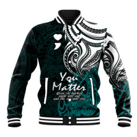 Unisex turquoise baseball jacket with black-and-white tribal print, striped ribbed collar