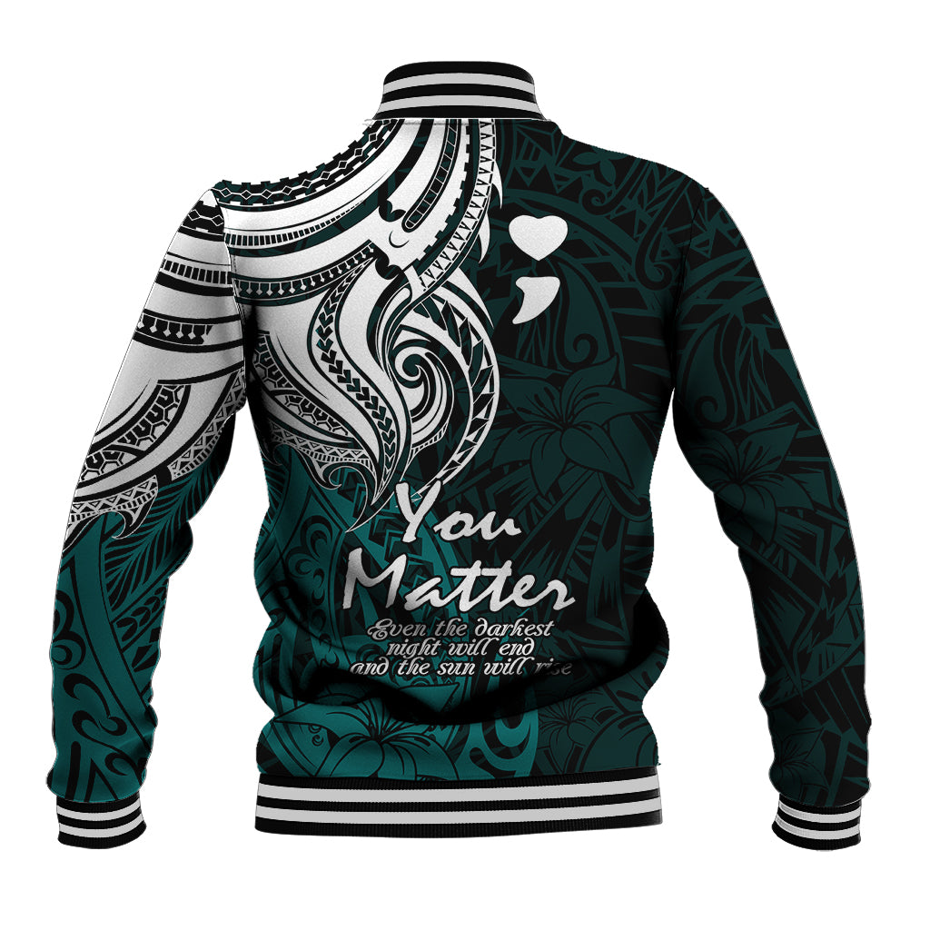 Unisex turquoise baseball jacket with large tribal graphic on back, ribbed striped hem