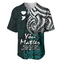 Turquoise and black baseball jersey with tribal print, heart motifs, and 'You Matter' text