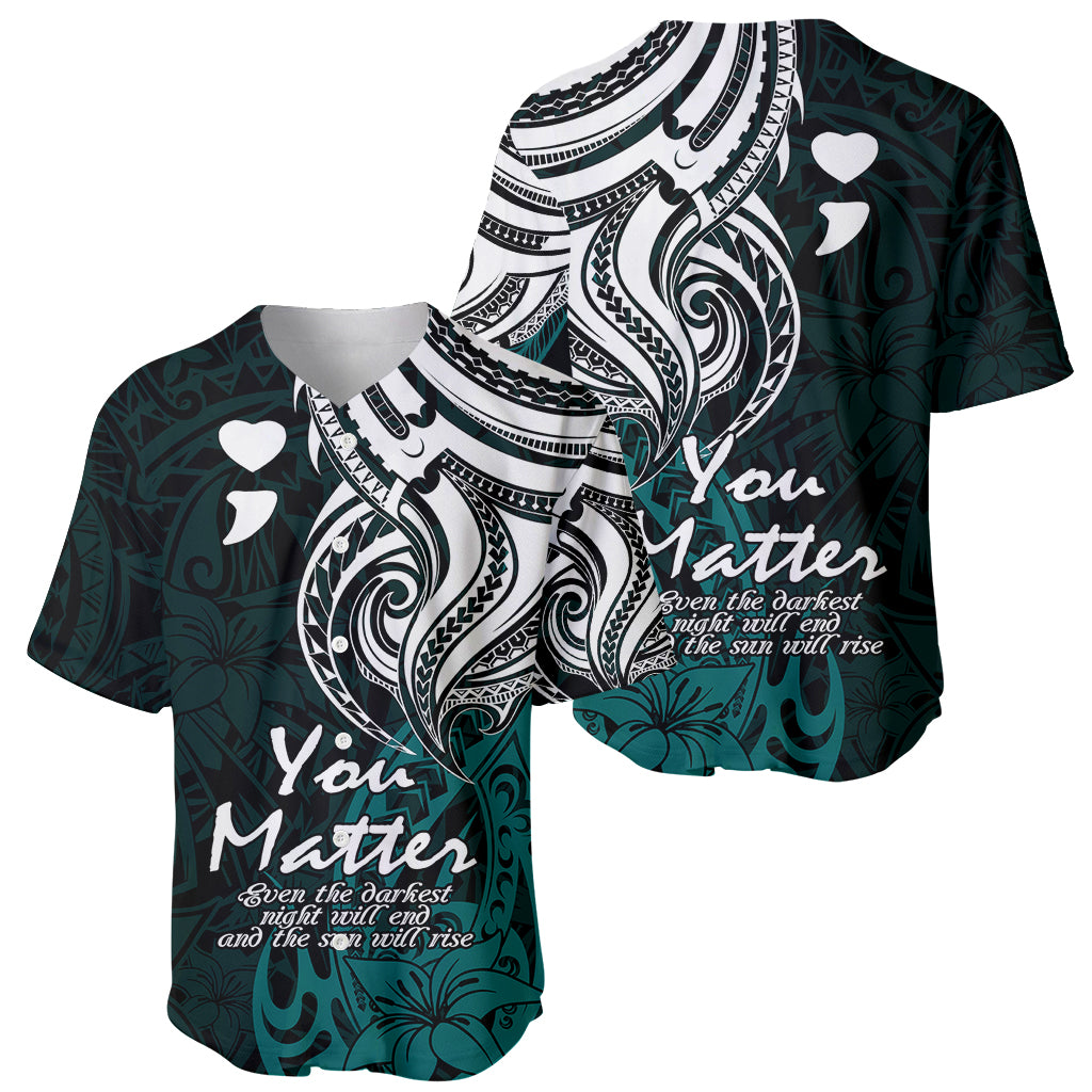 Turquoise baseball jersey set view, tribal heart pattern and 'You Matter' slogan on chest
