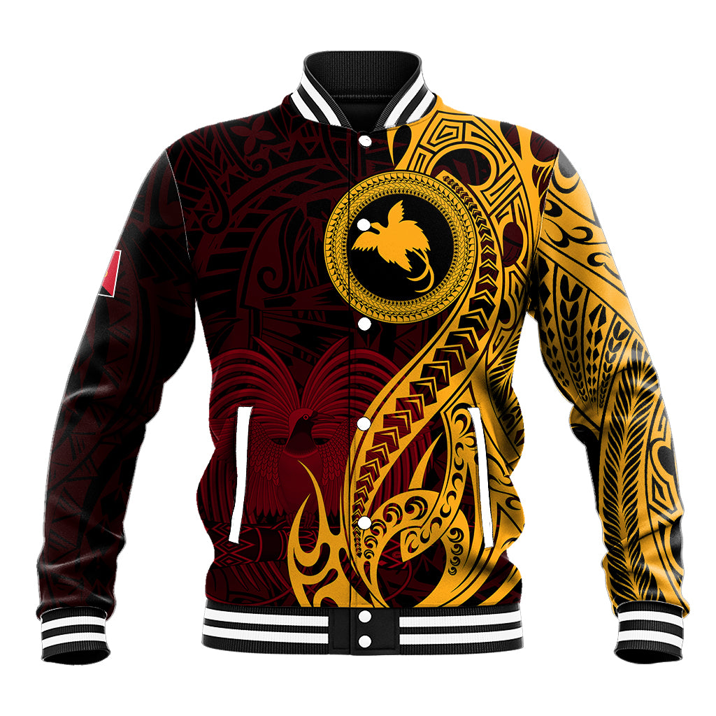 Two-tone baseball jacket with bird emblem, gold and dark maroon tribal print, striped rib trim