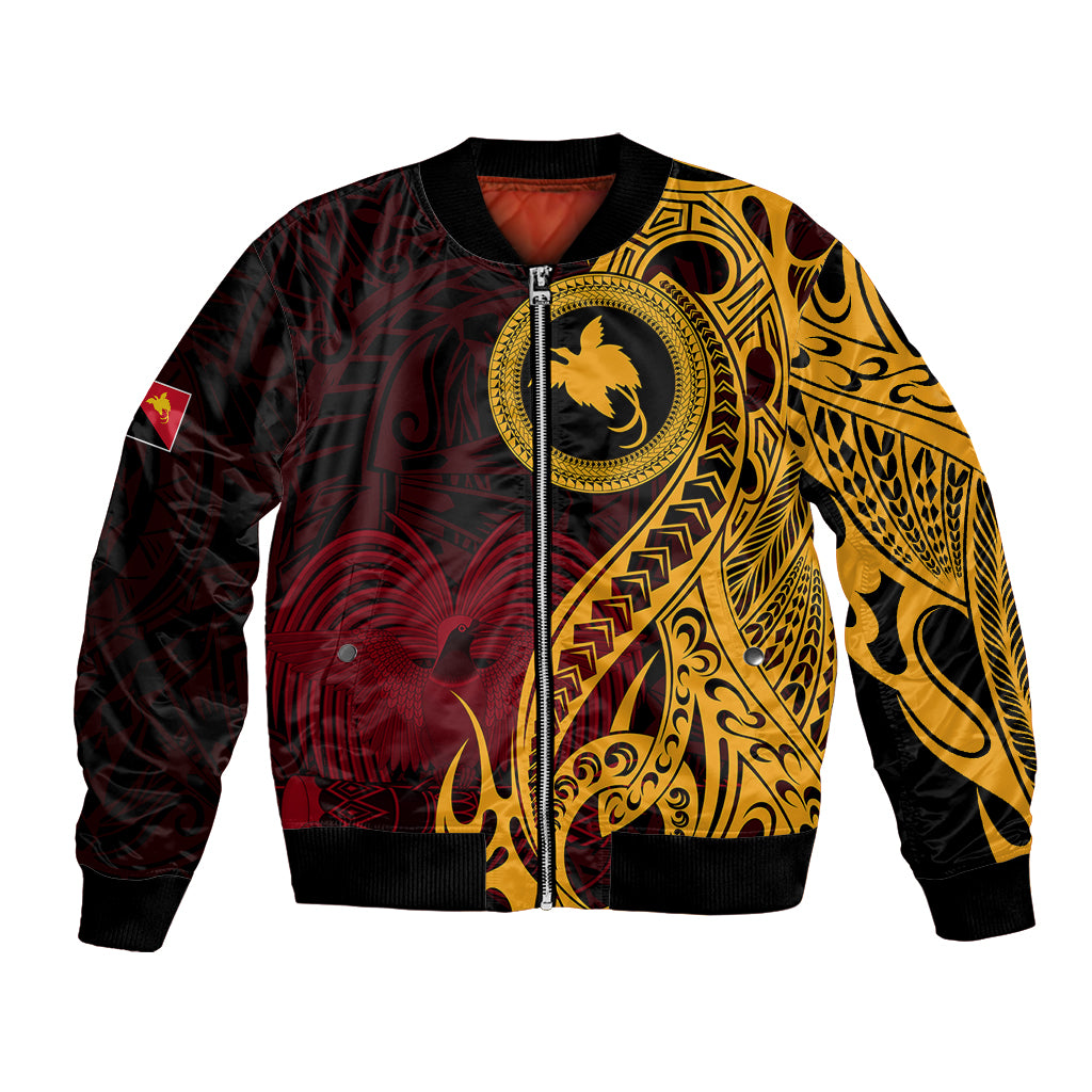 Unisex bomber jacket with gold and black tribal bird design, ribbed cuffs and zipper