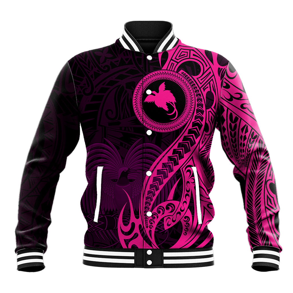 Baseball jacket with pink tribal graphics, bird of paradise emblem, black snap front