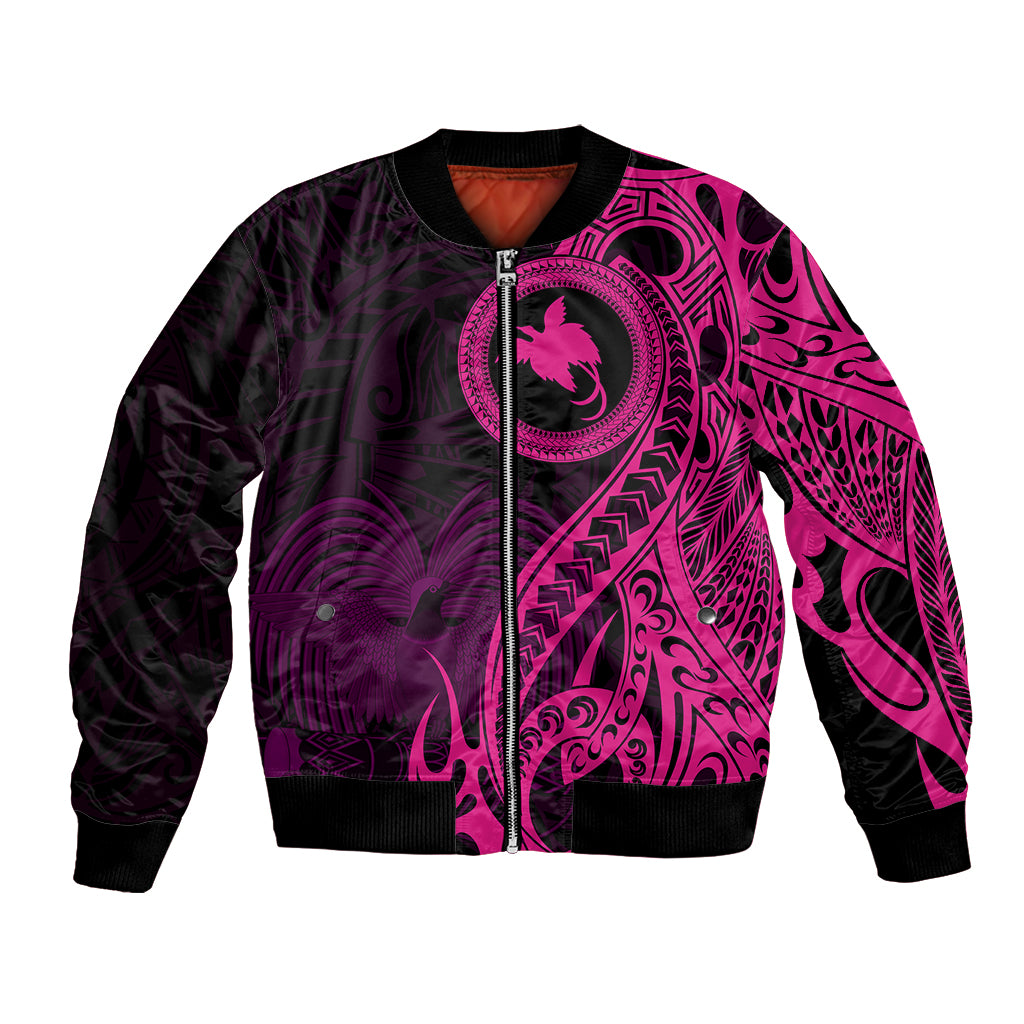 Pink and black bomber jacket with zip front and bold Polynesian tribal bird print