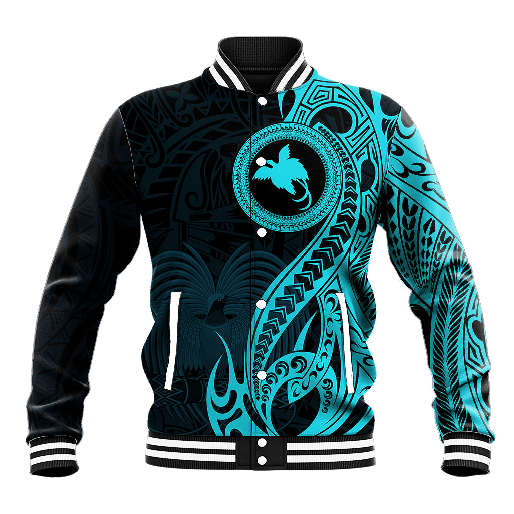 Aqua and black varsity baseball jacket with bird-of-paradise tribal graphic and ribbed trim
