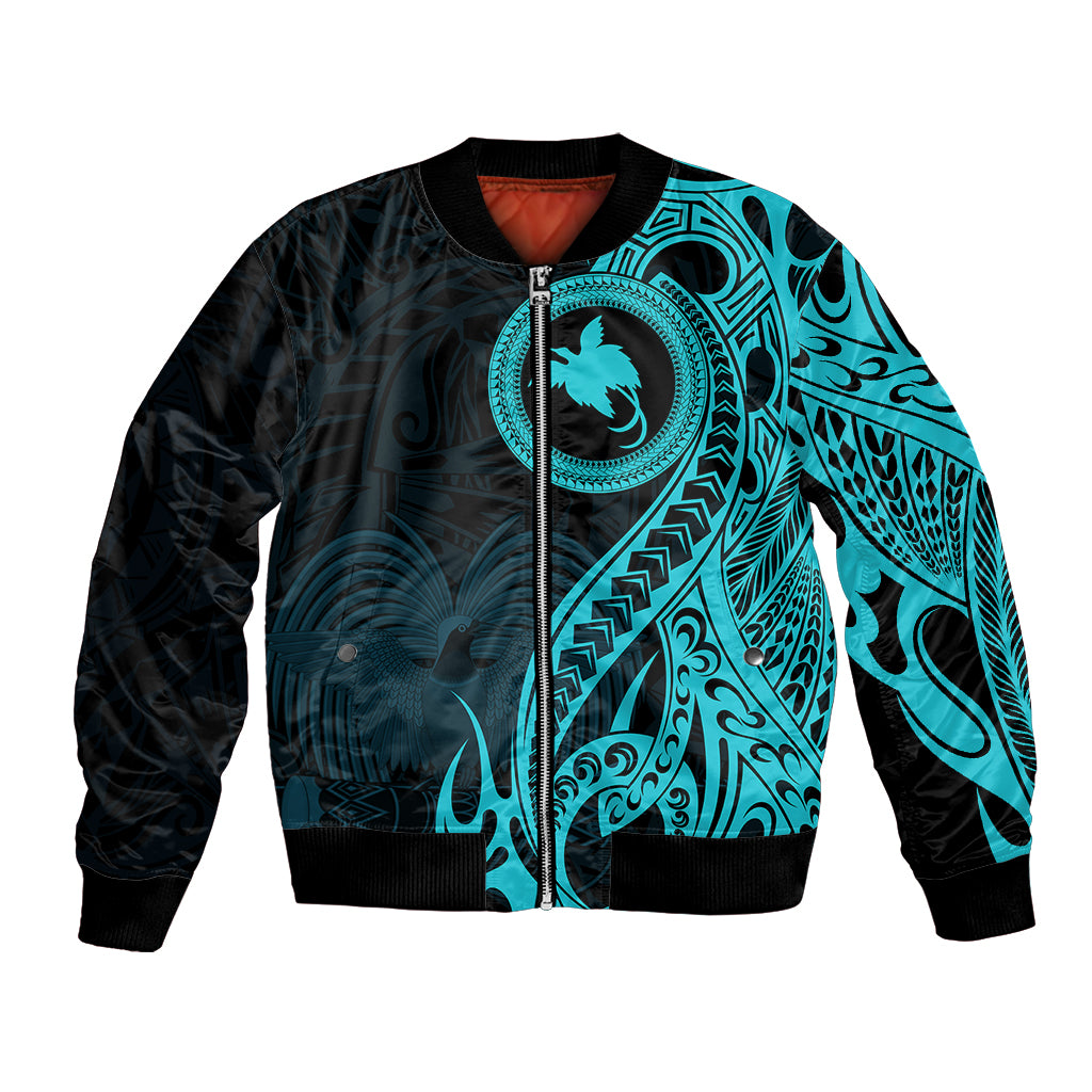 Black unisex bomber jacket with turquoise tribal bird emblem, front zip