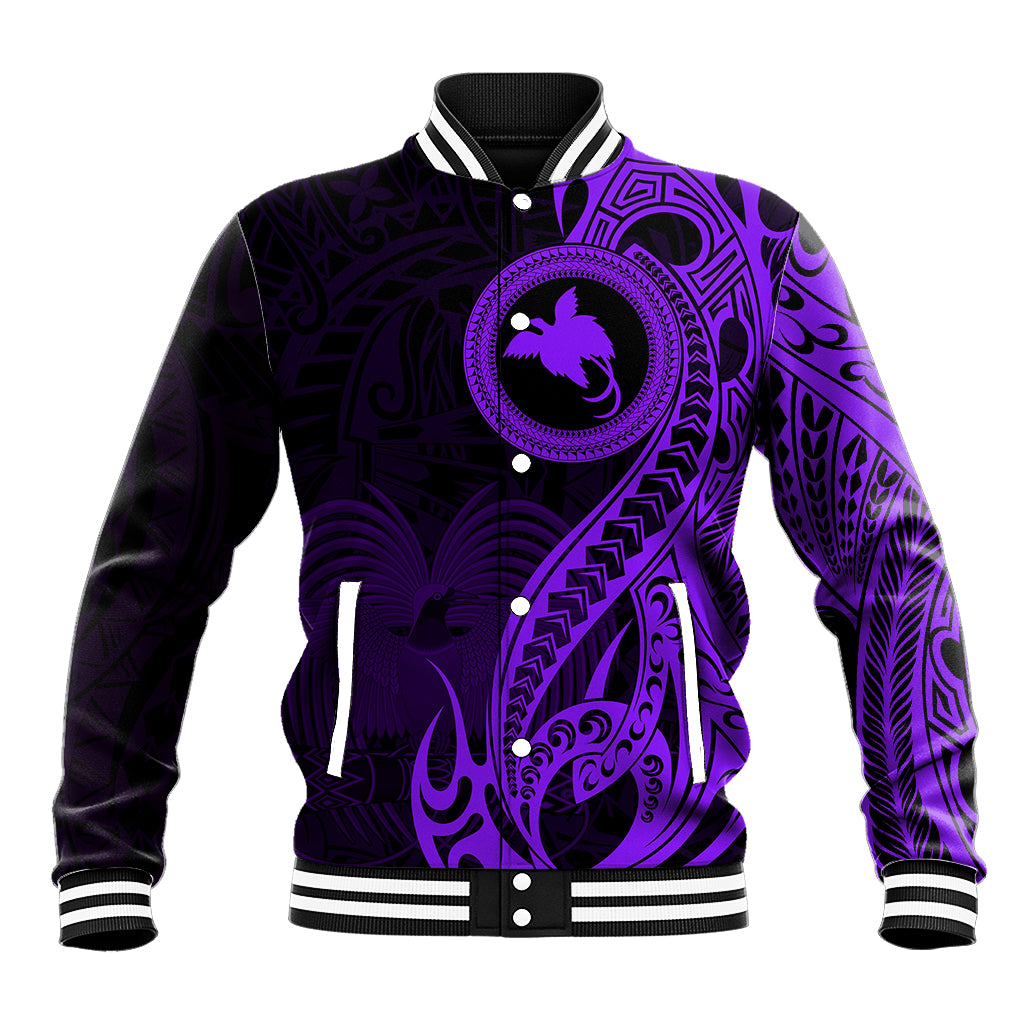 Purple baseball jacket with bird-and-tribal graphic, snap-button front, striped cuffs