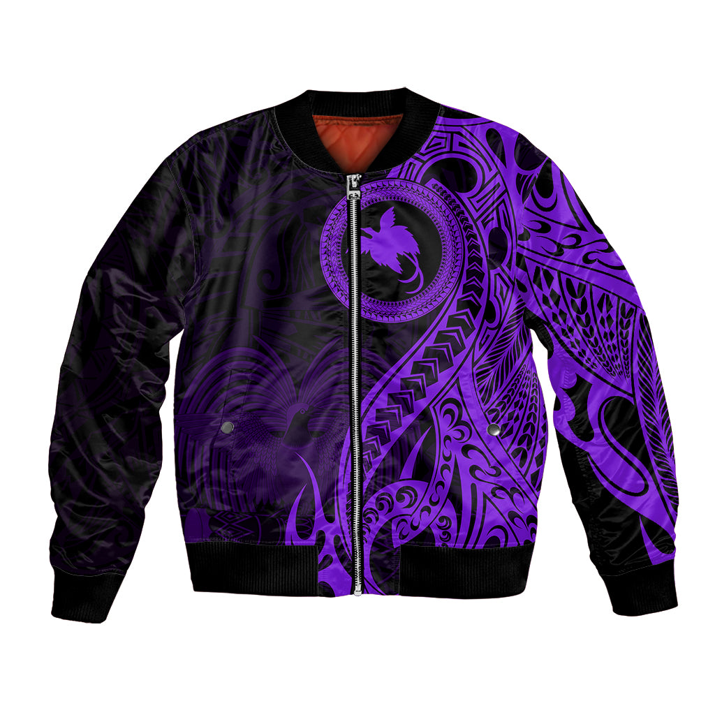 Purple and black bomber jacket with front zip and tribal bird-of-paradise print