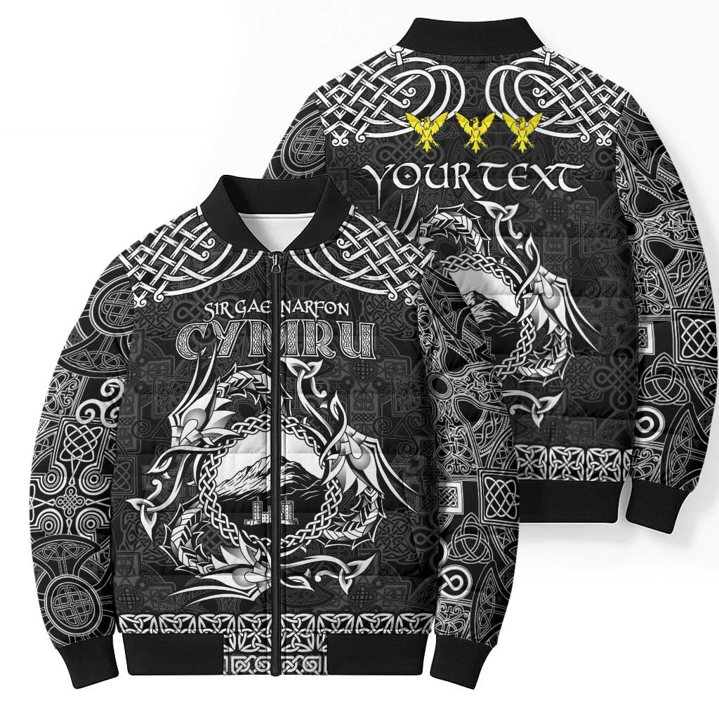Personalized Caernarfonshire Sir Gaernarfon Bomber Puffer Jacket Black Castle Tower Celtic-inspired - Wonder Print Shop