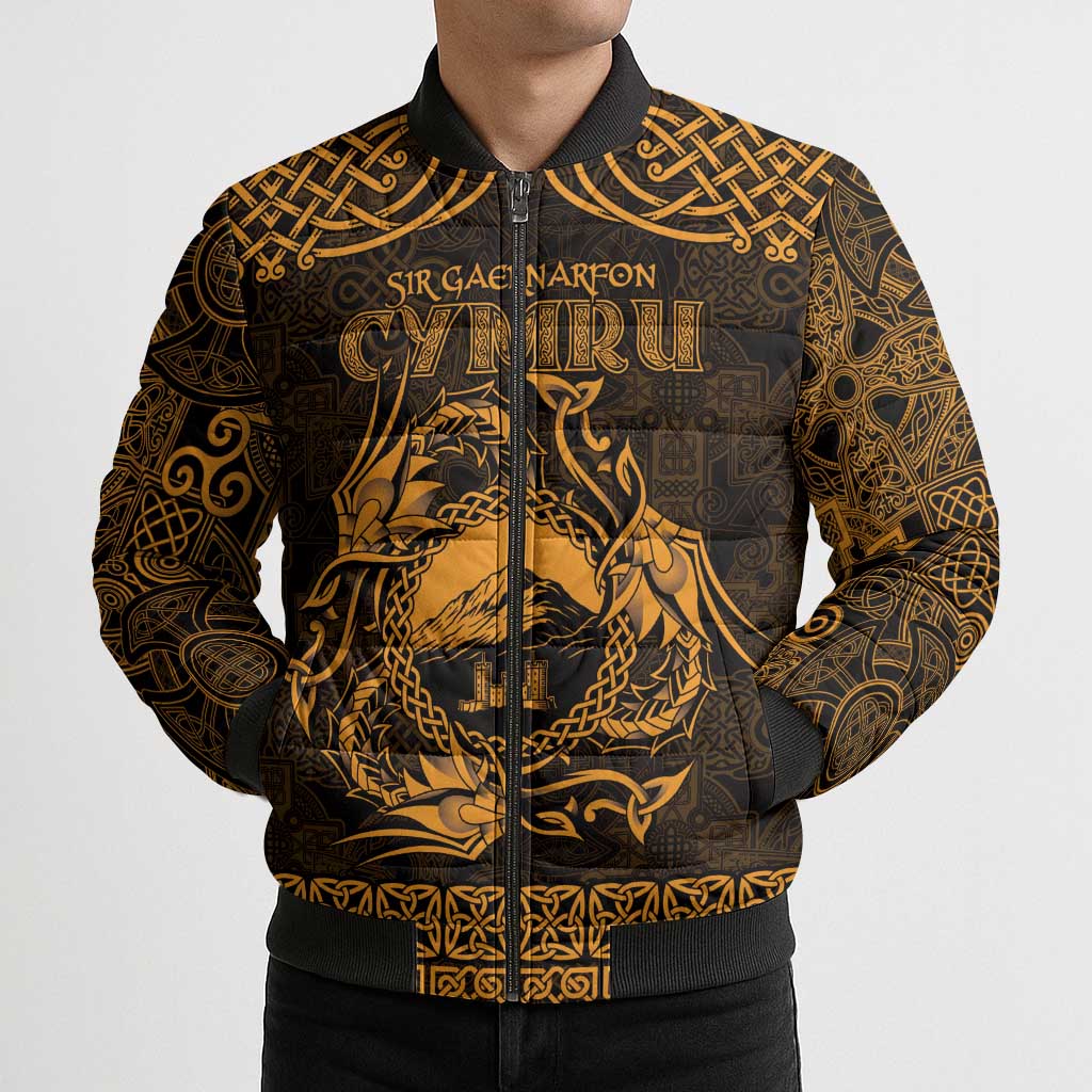Personalized Caernarfonshire Sir Gaernarfon Bomber Puffer Jacket Gold Castle Tower Celtic-inspired - Wonder Print Shop