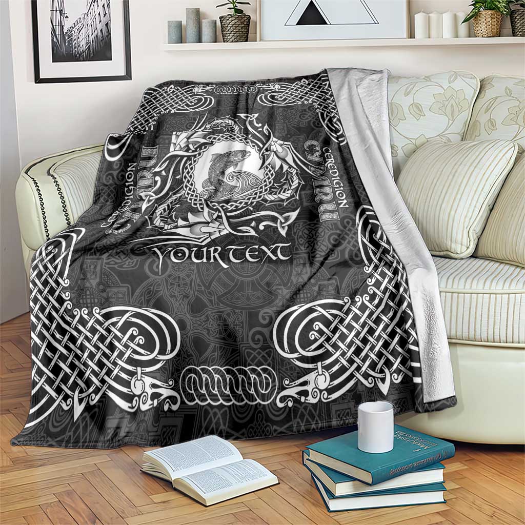 Personalized Cardiganshire Ceredigion Blanket Black Leaping Salmon Celtic-inspired - Wonder Print Shop
