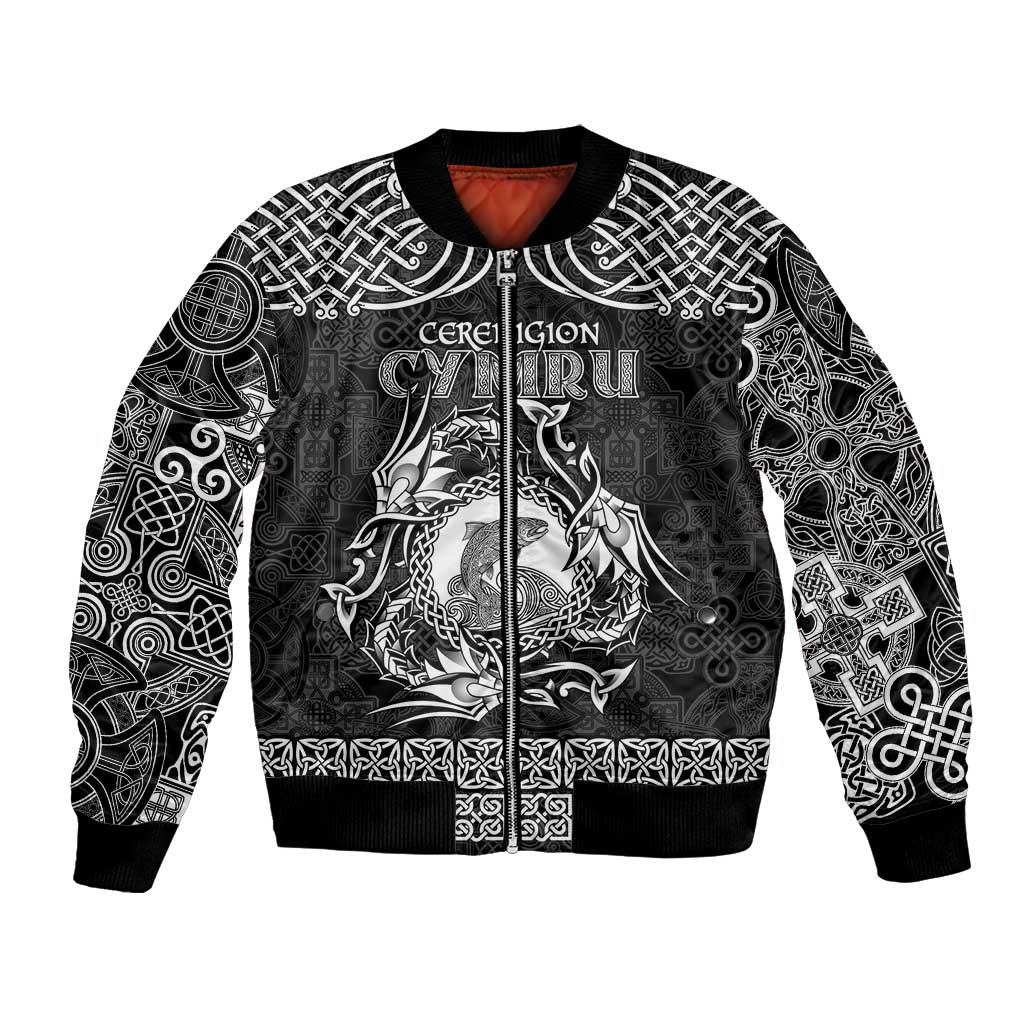 Personalized Cardiganshire Ceredigion Bomber Jacket Black Leaping Salmon Celtic-inspired - Wonder Print Shop