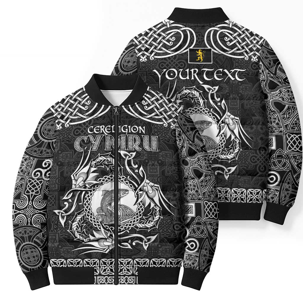Personalized Cardiganshire Ceredigion Bomber Puffer Jacket Black Leaping Salmon Celtic-inspired - Wonder Print Shop