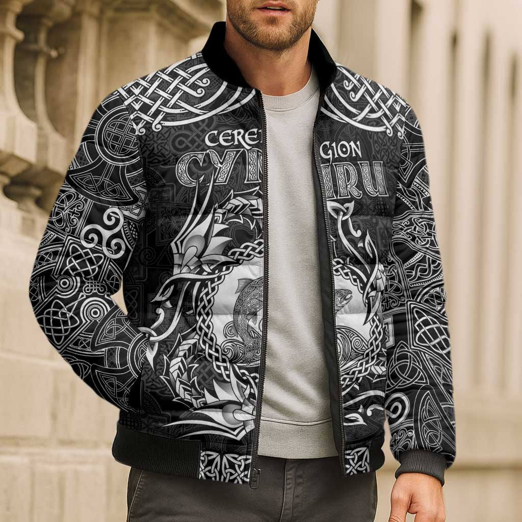 Personalized Cardiganshire Ceredigion Bomber Puffer Jacket Black Leaping Salmon Celtic-inspired - Wonder Print Shop
