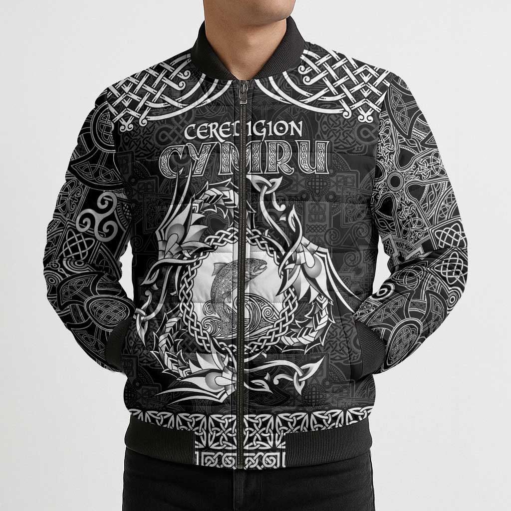 Personalized Cardiganshire Ceredigion Bomber Puffer Jacket Black Leaping Salmon Celtic-inspired - Wonder Print Shop
