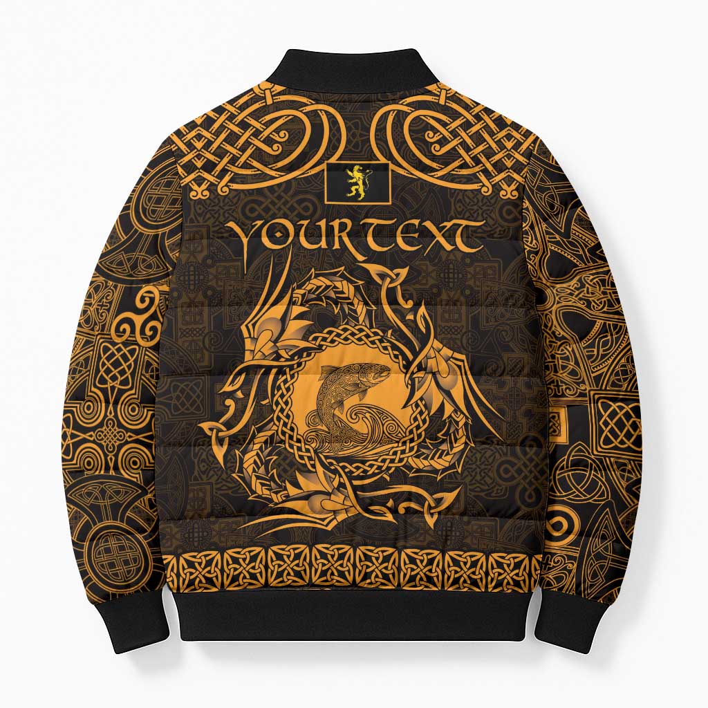 Personalized Cardiganshire Ceredigion Bomber Puffer Jacket Gold Leaping Salmon Celtic-inspired - Wonder Print Shop