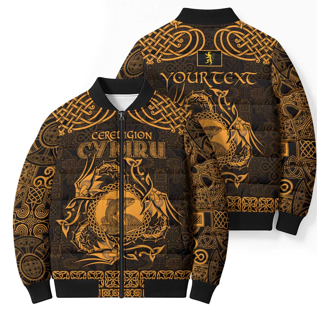 Personalized Cardiganshire Ceredigion Bomber Puffer Jacket Gold Leaping Salmon Celtic-inspired - Wonder Print Shop
