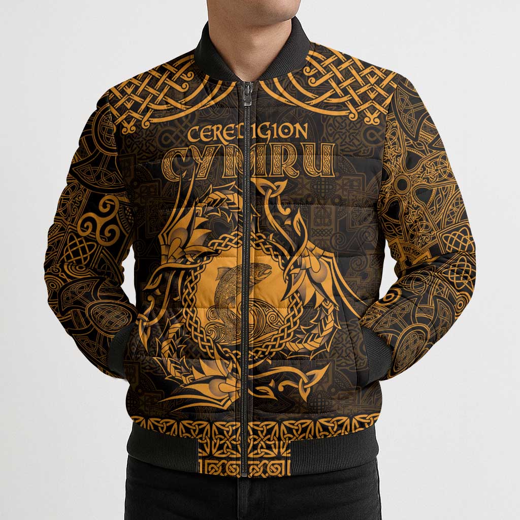 Personalized Cardiganshire Ceredigion Bomber Puffer Jacket Gold Leaping Salmon Celtic-inspired - Wonder Print Shop