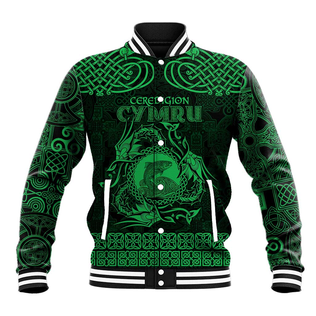 Personalized Cardiganshire Ceredigion Baseball Jacket Green Leaping Salmon Celtic-inspired - Wonder Print Shop