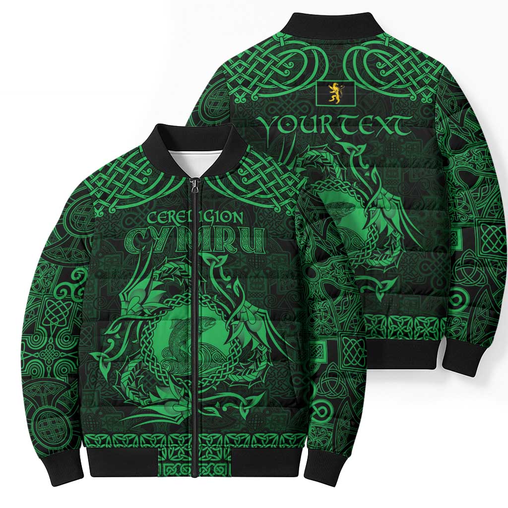 Personalized Cardiganshire Ceredigion Bomber Puffer Jacket Green Leaping Salmon Celtic-inspired - Wonder Print Shop