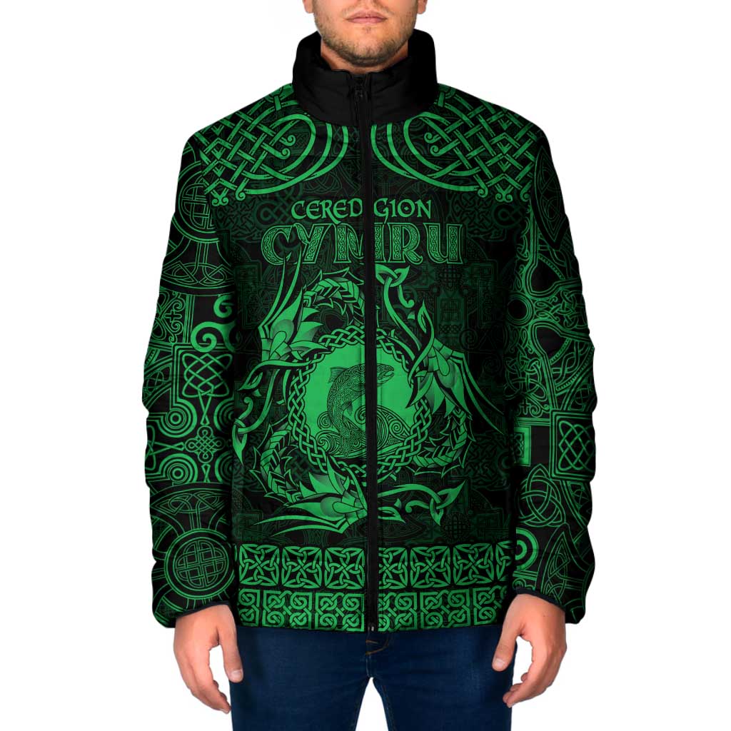 Personalized Cardiganshire Ceredigion Padded Jacket Green Leaping Salmon Celtic-inspired - Wonder Print Shop