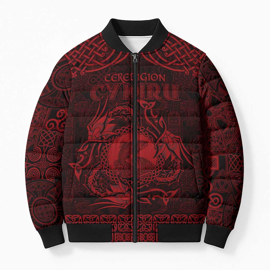 Personalized Cardiganshire Ceredigion Bomber Puffer Jacket Red Leaping Salmon Celtic-inspired - Wonder Print Shop
