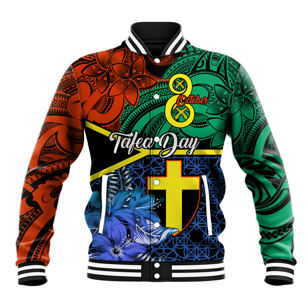 Unisex multicolor baseball jacket with ribbed striped collar and Polynesian-style graphic