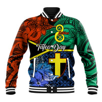Unisex multicolor baseball jacket with ribbed striped collar and Polynesian-style graphic