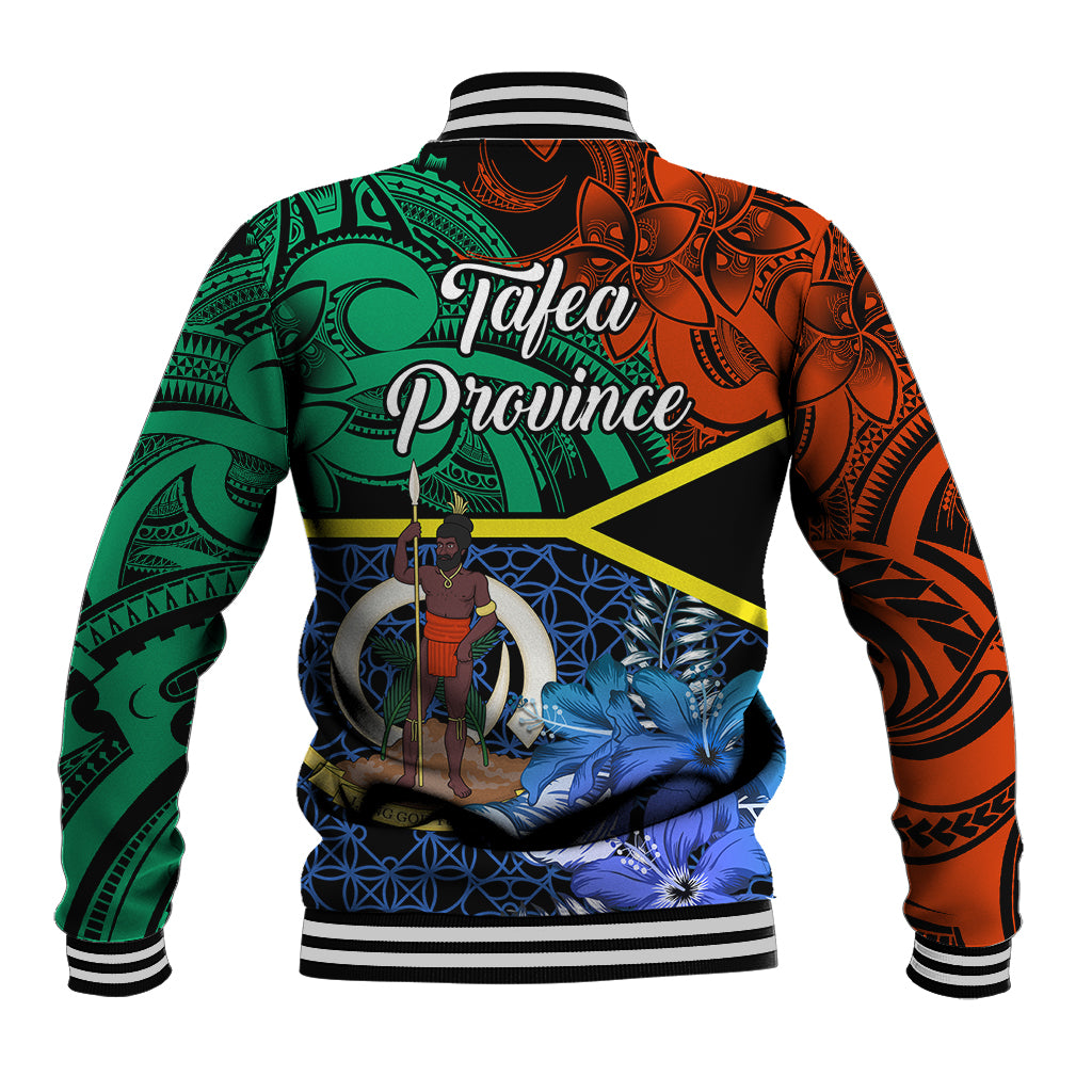 Unisex multicolor baseball jacket with striped ribbed collar, Polynesian-style back graphic