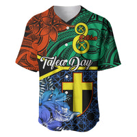 Baseball jersey with Polynesian print, crest and yellow cross in green/orange/blue