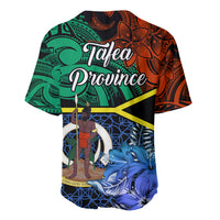 Back view baseball jersey with "Tafea Province" text, green/orange pattern and blue floral