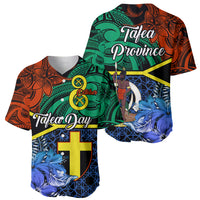 Baseball jerseys pair with green/orange/blue Polynesian prints, crest and yellow cross