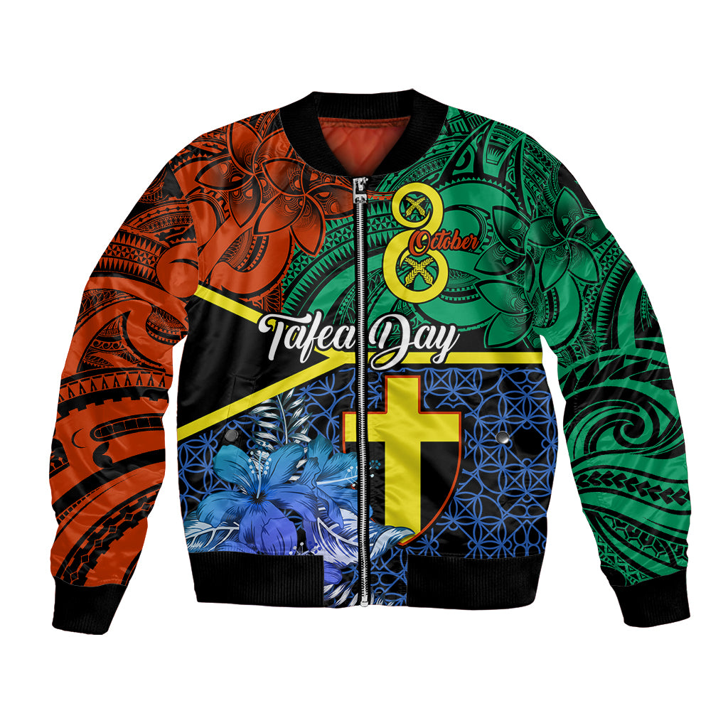 Unisex bomber jacket with black ribbed trim and green orange blue Polynesian-style graphic