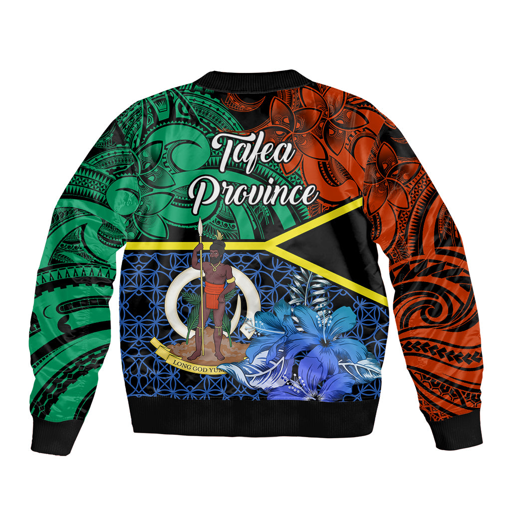 Unisex bomber jacket with black ribbed trim and 'Tafea Province' graphic in green orange blue