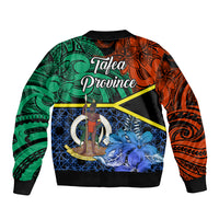 Unisex bomber jacket with black ribbed trim and 'Tafea Province' graphic in green orange blue