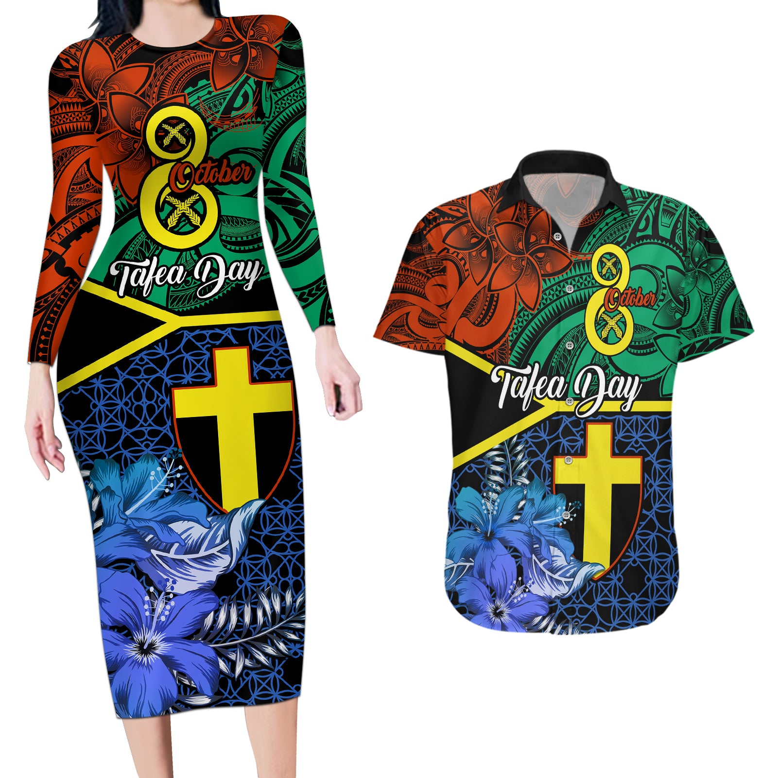 Tafea Day Couples Matching Long Sleeve Bodycon Dress and Hawaiian Shirt Vanuatu Sand Drawing With Polynesian Pattern LT9 - Wonder Print Shop