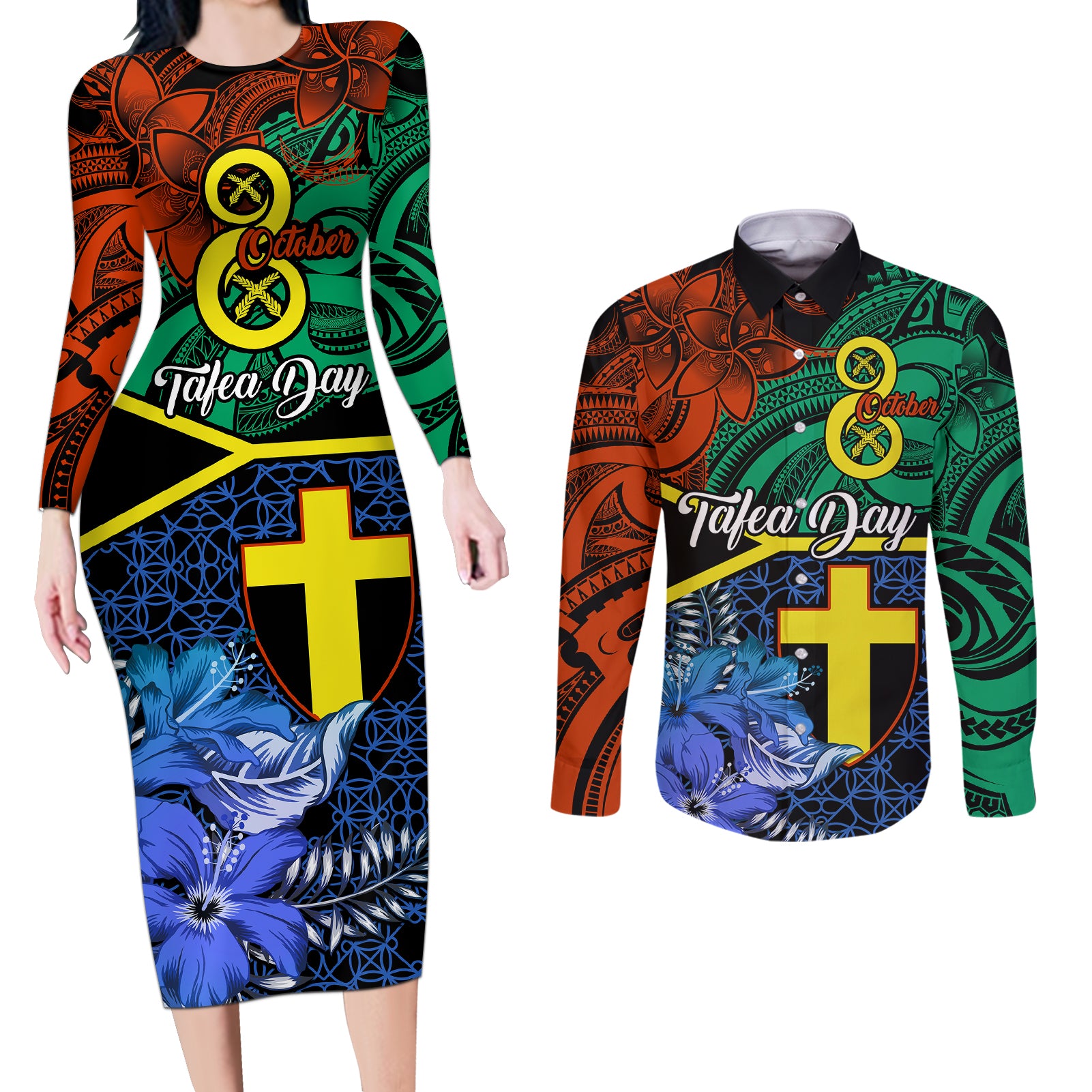 Tafea Day Couples Matching Long Sleeve Bodycon Dress and Long Sleeve Button Shirts Vanuatu Sand Drawing With Polynesian Pattern LT9 - Wonder Print Shop