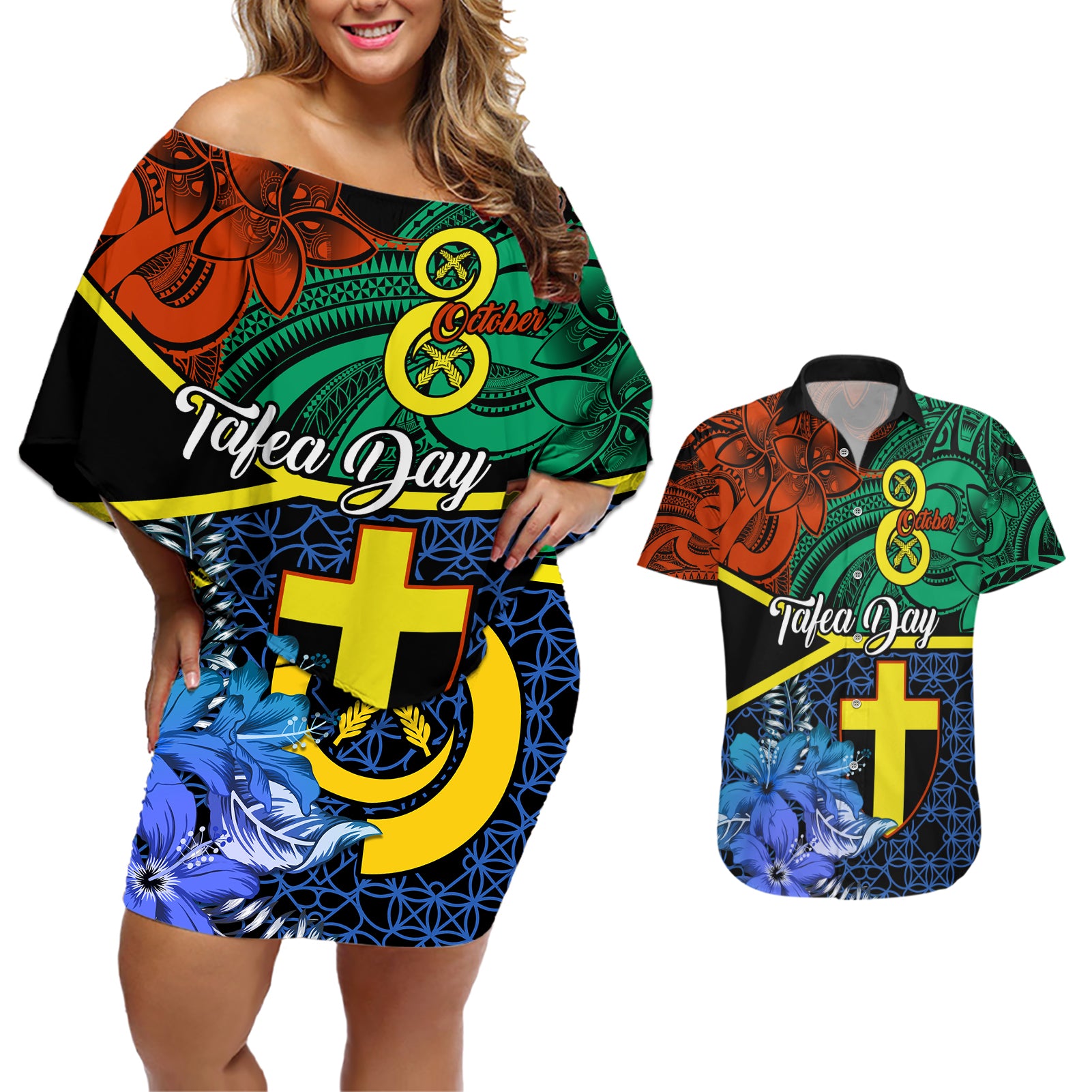 Tafea Day Couples Matching Off Shoulder Short Dress and Hawaiian Shirt Vanuatu Sand Drawing With Polynesian Pattern LT9 - Wonder Print Shop