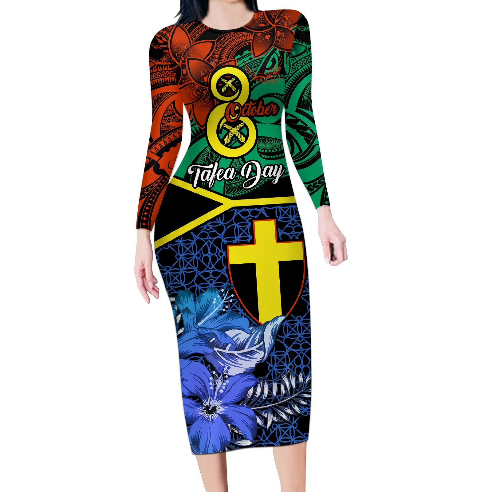 Tafea Day Long Sleeve Bodycon Dress Vanuatu Sand Drawing With Polynesian Pattern - Wonder Print Shop