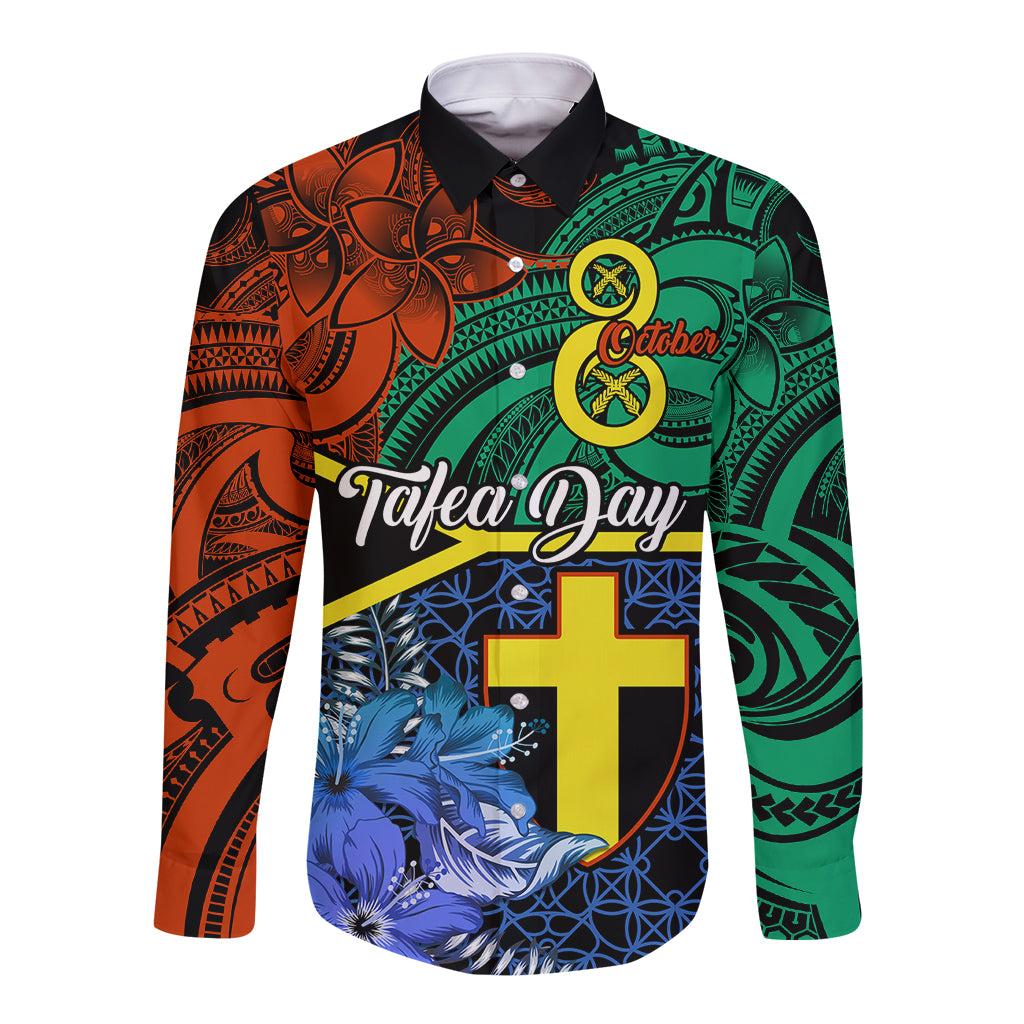 Long-sleeve button shirt with colorful Polynesian-style print and blue graphic panel front.