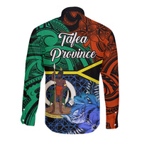 Long-sleeve button shirt with back print, green orange tribal patterns and blue animal artwork.