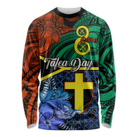 Long-sleeve graphic shirt with green, orange, and blue Polynesian patterns and gold cross
