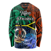 Long-sleeve graphic shirt back with green and orange tribal design and blue scene