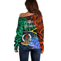 Women's off-shoulder sweater back with Polynesian print and blue flower motifs in green